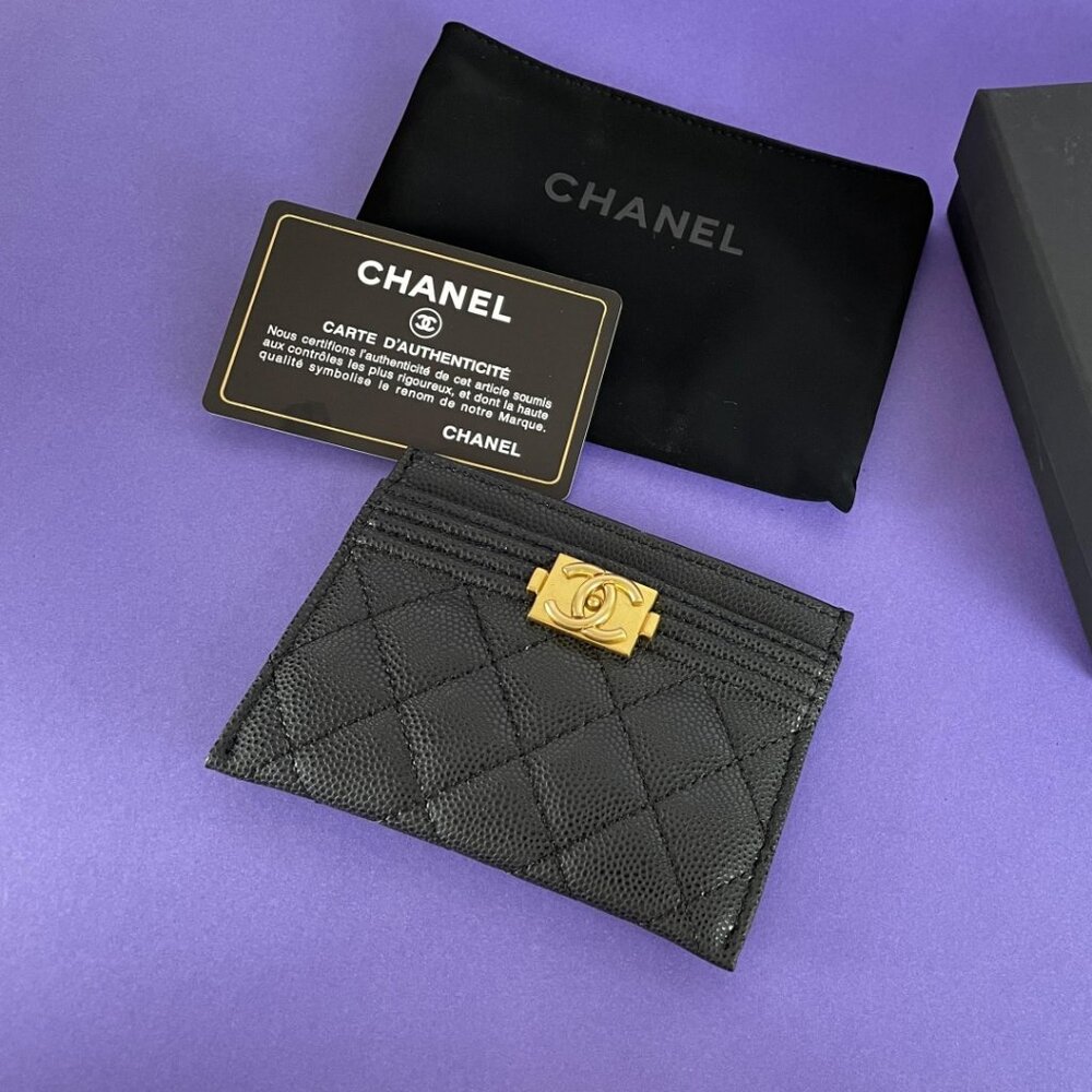 CHANEL Boy Flat Card Holder in Black Caviar AGHW Coin Case